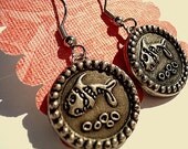 Round metal coin style button earrings, bordered fish bones, fish hook dangle