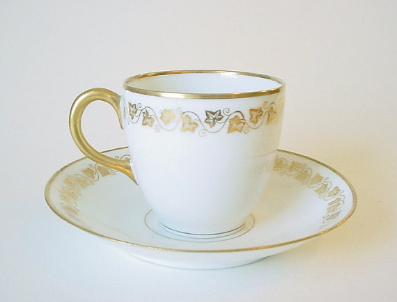 Vintage GDA France Limoges Demitasse Cup & Saucer- Gold On White Porcelain, Leaf Pattern