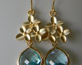 Aquamarine and Gold Cherry Blossom Earrings-Bridal-Bridesmaid Jewelry-Gift For Her