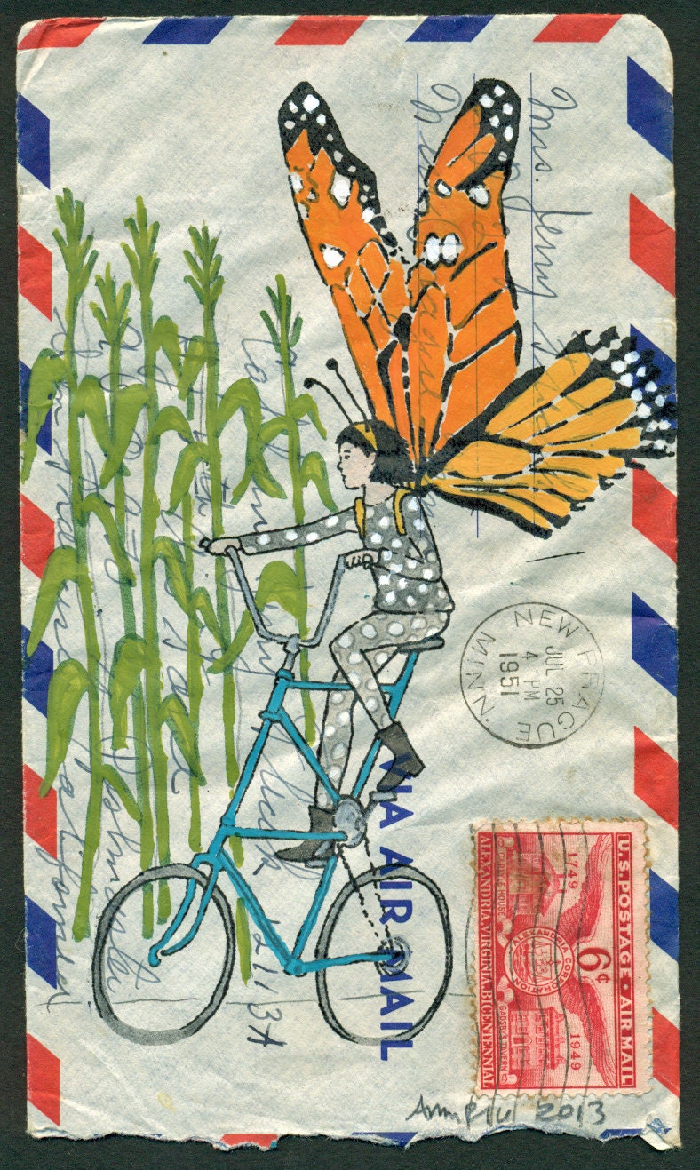 Butterfly on a Tall Bike: a Small and Affordable Original Art Piece on 1951 Air Mail Envelope