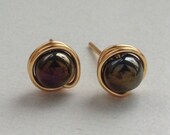black stud earrings, gold plated, nickel free, black glass bead ab finish