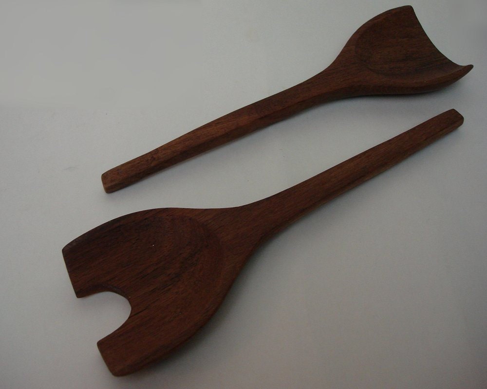 Danish Modern Salad Serving Utensils Spoons Teak Mid Century KALMAR 1950s 50s 1960s Vintage