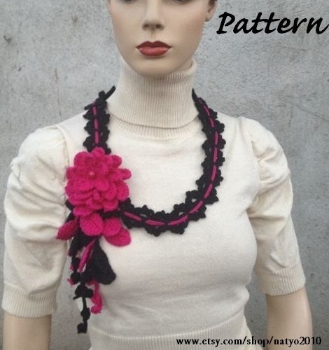 INSTANT DOWNLOAD Crochet Scarf/Necklace with Flower and Leaves- Pattern