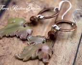 Grape leaves enameled earrings-Copper circles-Sterling silver earwires-Fancy jasper beads