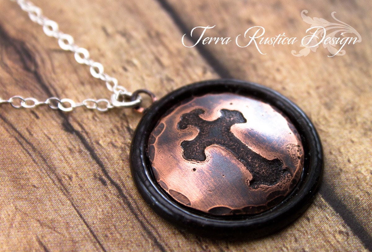 Rustic Cross necklace-enameled metal-etched copper