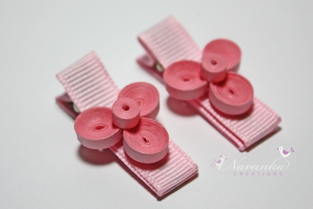 Pink Alligator Hair Clips with Paper Quilling Accents