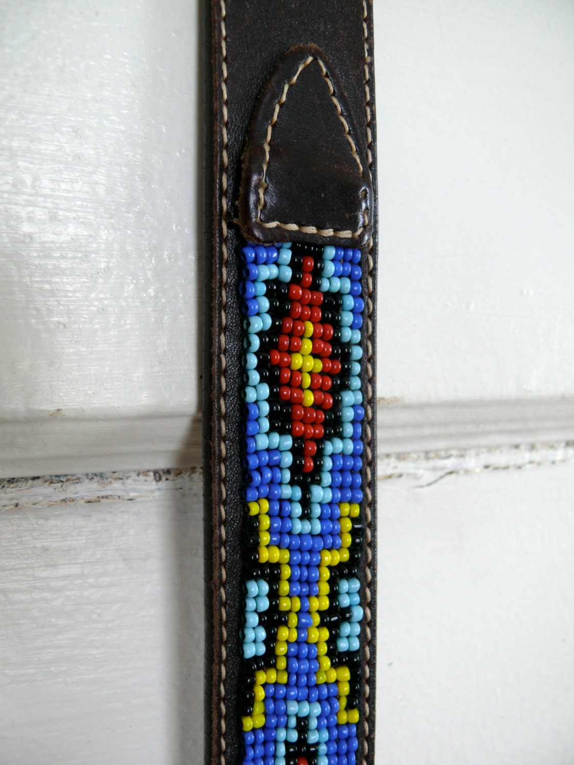 Vintage 90s J Crew Beaded Leather Belt, Native American Beadwork Belt