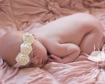 Vintage Shabby Chic Ivory Delicate Birdcage Veil Satin Rosettes Baby Child Girls Headband