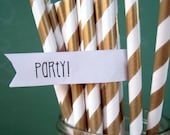 Gold Paper Straws - Set of 25 Striped Drinking Straws With Printable DIY Toppers