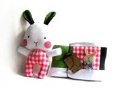 Baby blanket and rag doll bunny rabbit set of two 2 stuffed toy plushie softie soft toy chocolate brown red green white 31 cm 12"