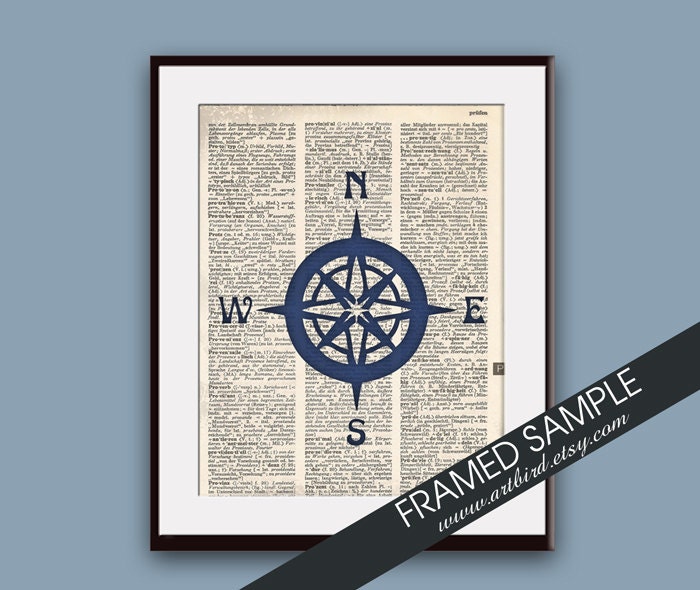 Directional Compass Dictionary Art (series A)  11x14 Art Print (ART BIRD Art Prints - Modern Elegance)