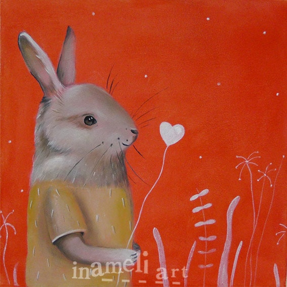Animal illustration, whimsical rabbit wall art, nursery room decoration, children animal painting by inameliart