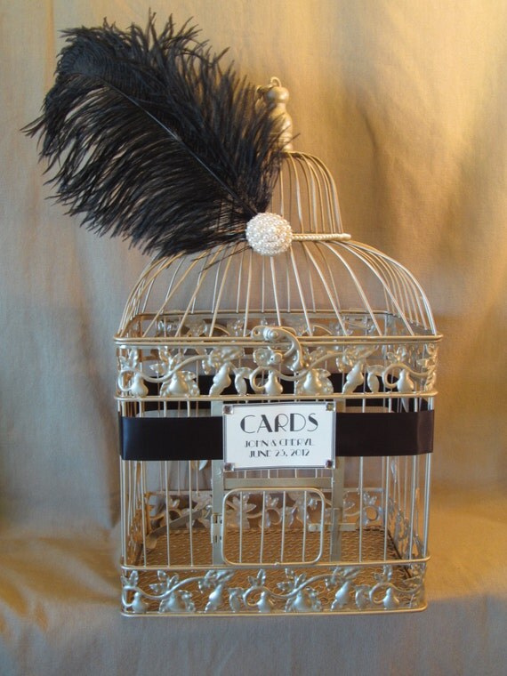Hollywood Glam Wedding Card Box With Pearls and Ostrich Feather / Champagne Birdcage Card Holder / Vintage Inspired / Art Deco