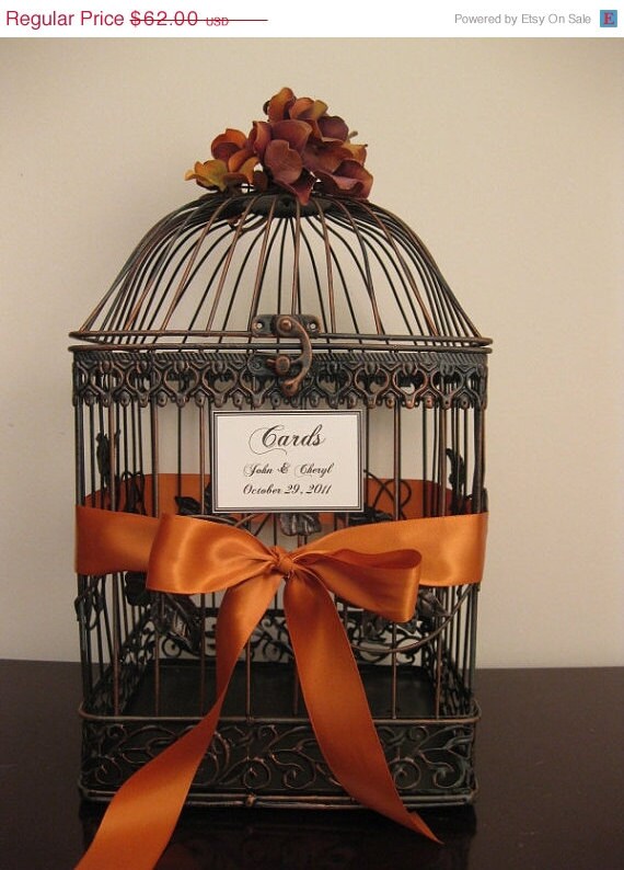 On Sale Bird Cage Wedding Card Holder with Burnt Orange Hydrangeas  / Wedding Card Holder /  Birdcage Card Holder