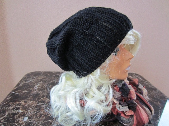 Slouchy Beanie Hat Knit Hat Chunky Knit in Black Unisex Men and Women Spring Accessory