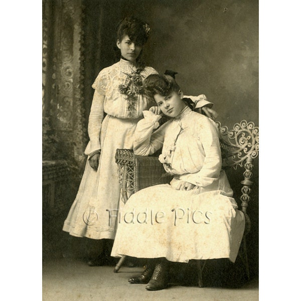 Antique Photograph / Victorian Girls / Vintage Lace Jewelry Flowers