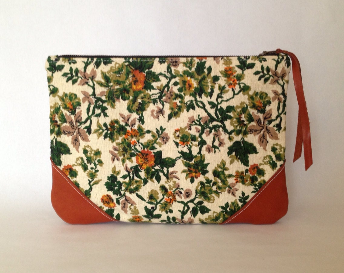vintage fabric iPad clutch case made with recycled leather