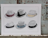 Fedoras - Hand Pulled Screen Print with light watercolor washes - on 22x28 watercolor paper