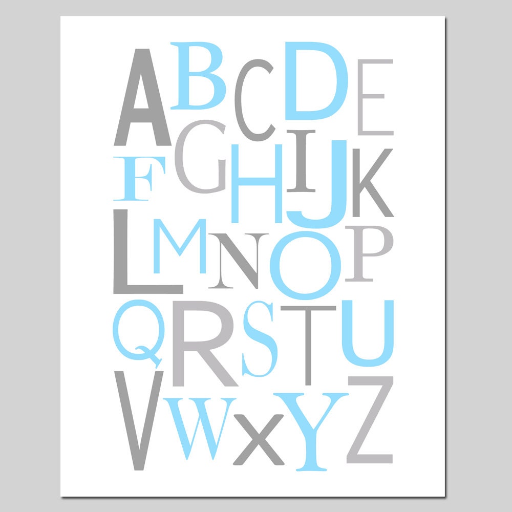 SALE - Alphabet - 8x10 Print - Nursery, Kids, Learning, Educational, ABCs - Shades of Baby Blue and Gray