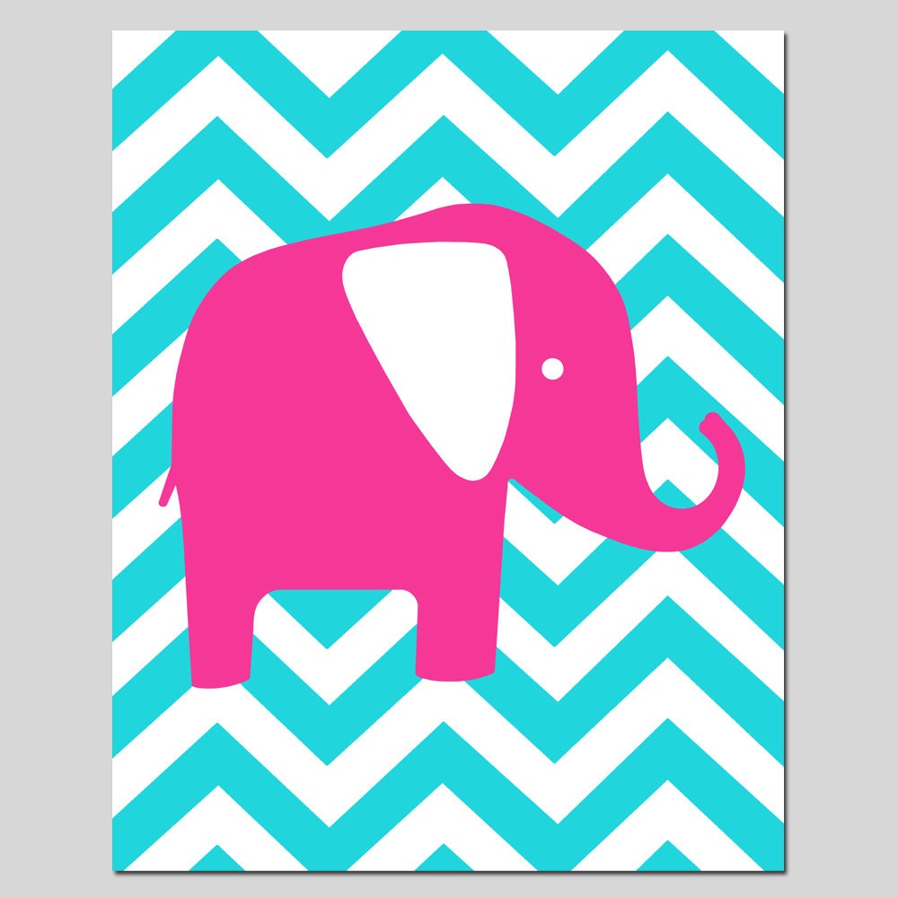 SALE -  Modern 8x10 Chevron Elephant Silhouette Print - Hot Pink, Aqua, and White