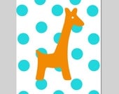 SALE - Modern 8x10 Polka Dot Baby Giraffe Print - Nursery Art - Kids Wall Art - Aqua and Orange