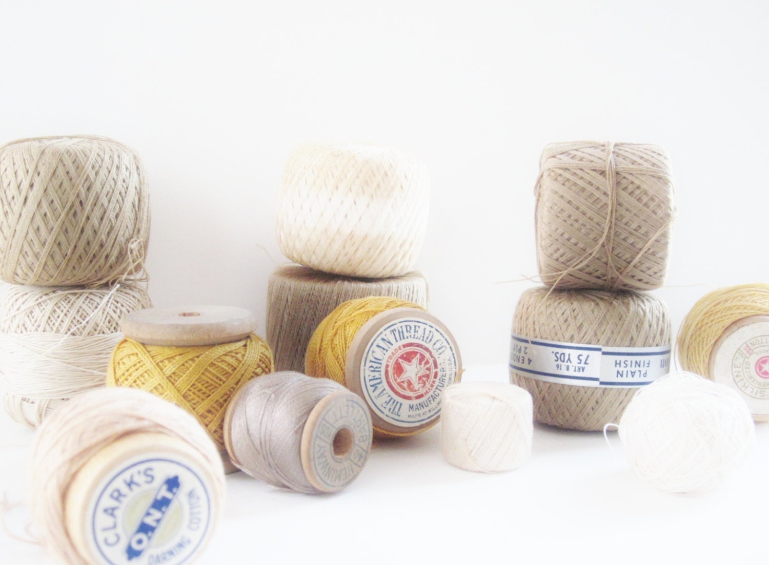 Vintage Cotton Thread Spools Tatting Crochet Supplies Instant Collection Wood Sewing Spools Primitive Rustic Decor