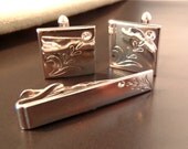 Vintage Swank Silver Tone Cuff Links and Tie Clip Stamped Leaf Design With Rhinestone - Formal Wear Groom Wedding