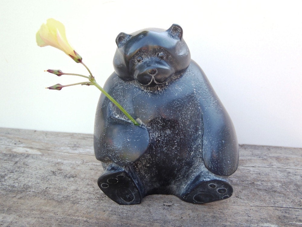 Vintage Bear Figurine Sculpture Statuette Satiny Black Made in Canada Handcrafted by Pearlite Stonecraft Whimsical Friendly Roly-Poly Bruin