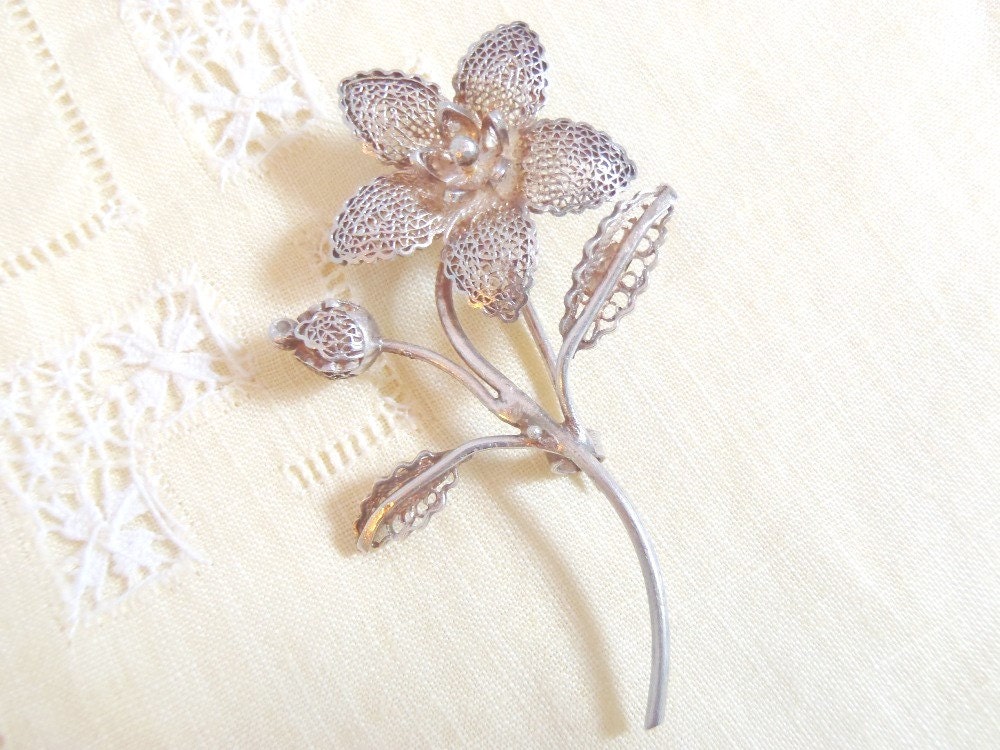 Vintage Silver Filigree Flower Brooch Pin - Stamped 950 Silver - Sale 15% Off