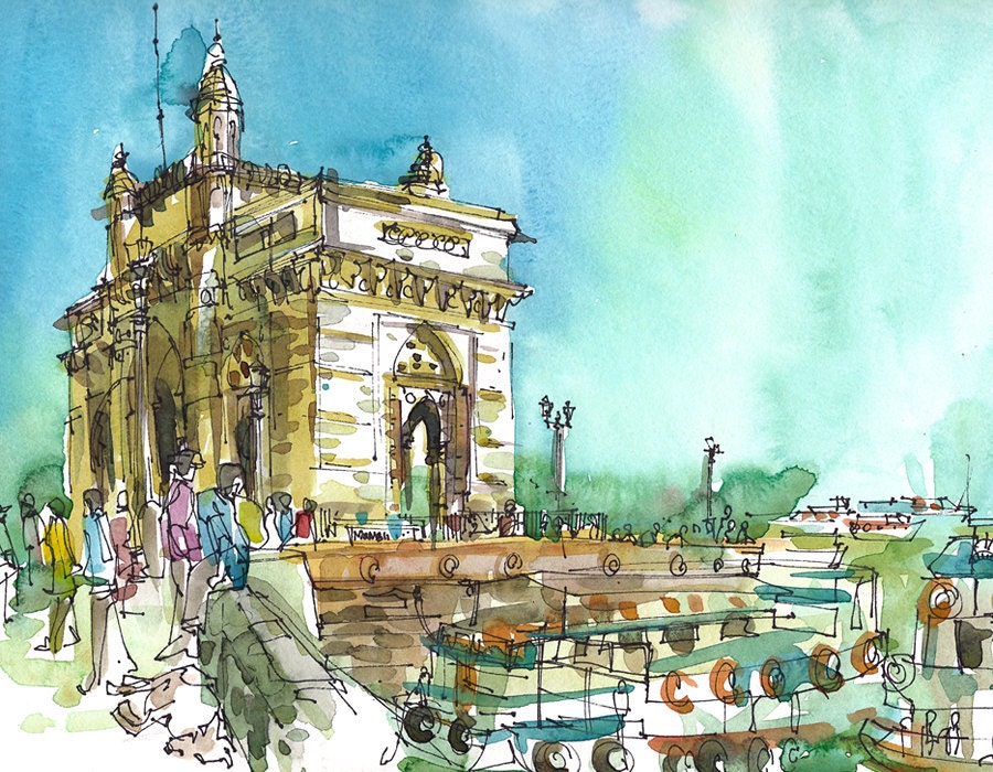 Mumbai sketch, Gateway of India, Bombay India 8x10 print from an original watercolor sketch