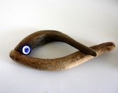 driftwood fish sculpture ...natural driftwood...driftwood art...ocean decor...nature art...evil eye bead...