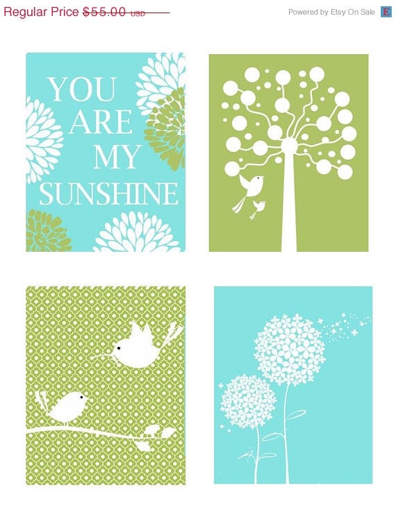 SALE Nursery Quad - Set of Four Coordinating 8 x 10 Prints - Aqua Blue and Green - Mommy and Me, You are my Sunshine, Tree Dot, Dandelion F