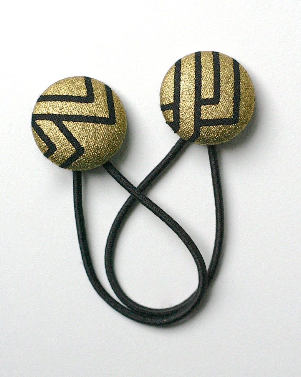 LUX Black and Metallic Gold - Medium Pair of Covered Button Hair Ties - Snagless Elastic Geometric