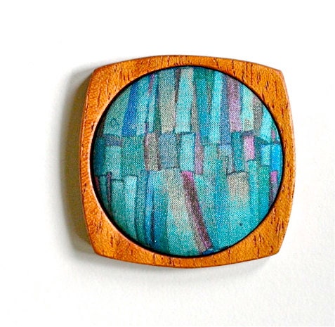 Wooden Brooch / Pendant - Liberty of London and Mahogany - Aqua Blue Teal Pink Gold Bookshelves