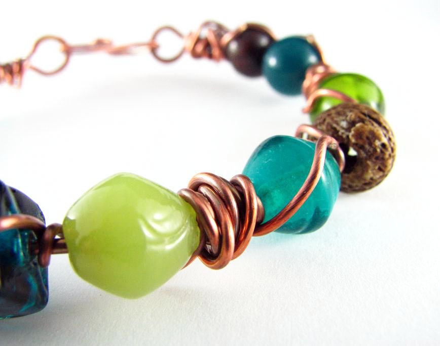 Wire Wrapped Bracelet Teal and Lime Green Copper Bracelet Wire Wrapped Jewelry Copper Bangle Statement Jewelry