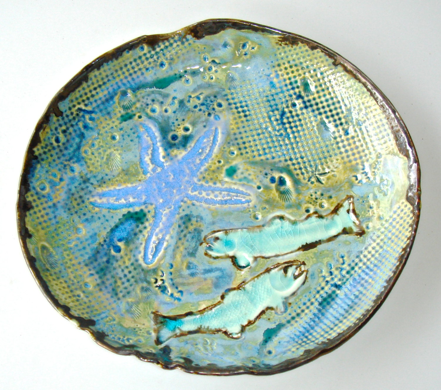 Decorative bowl, Sushi Dish, Ceramic Fish Dish, Hand Painted Ocean scene, aqua dish, beach wedding gift