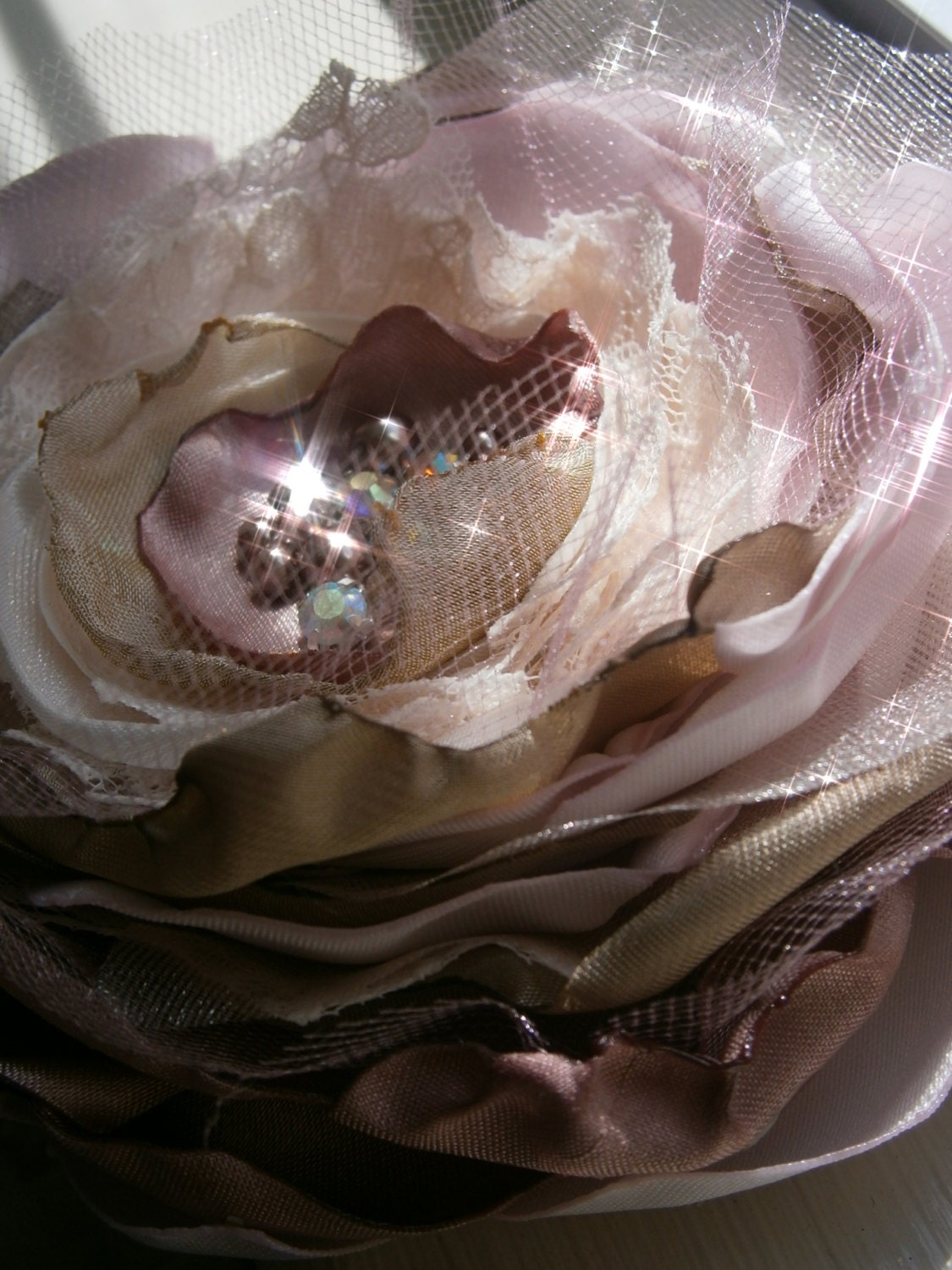 Big fabric flower brooch mauve, pink, white and ivory with pearls, Swarovski and rose montees
