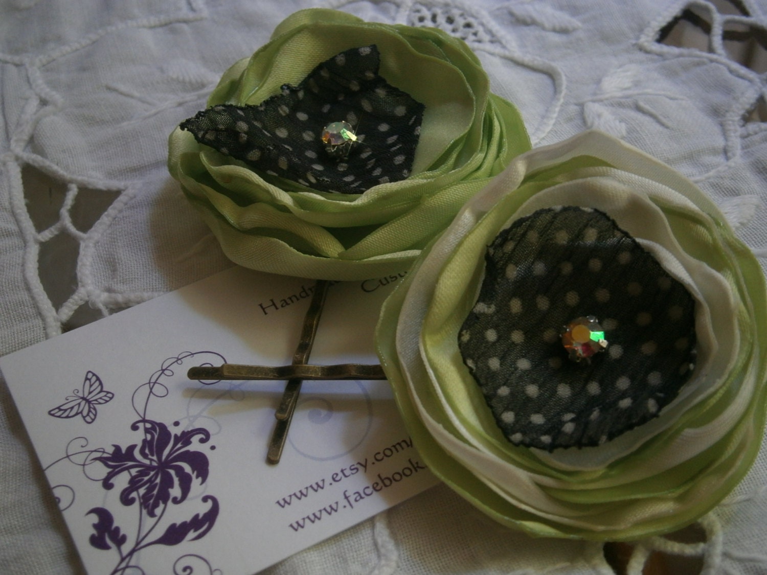 Set of two small fabric flower bobby pins with rhinestone-hair pins, flower pins, hair flowers