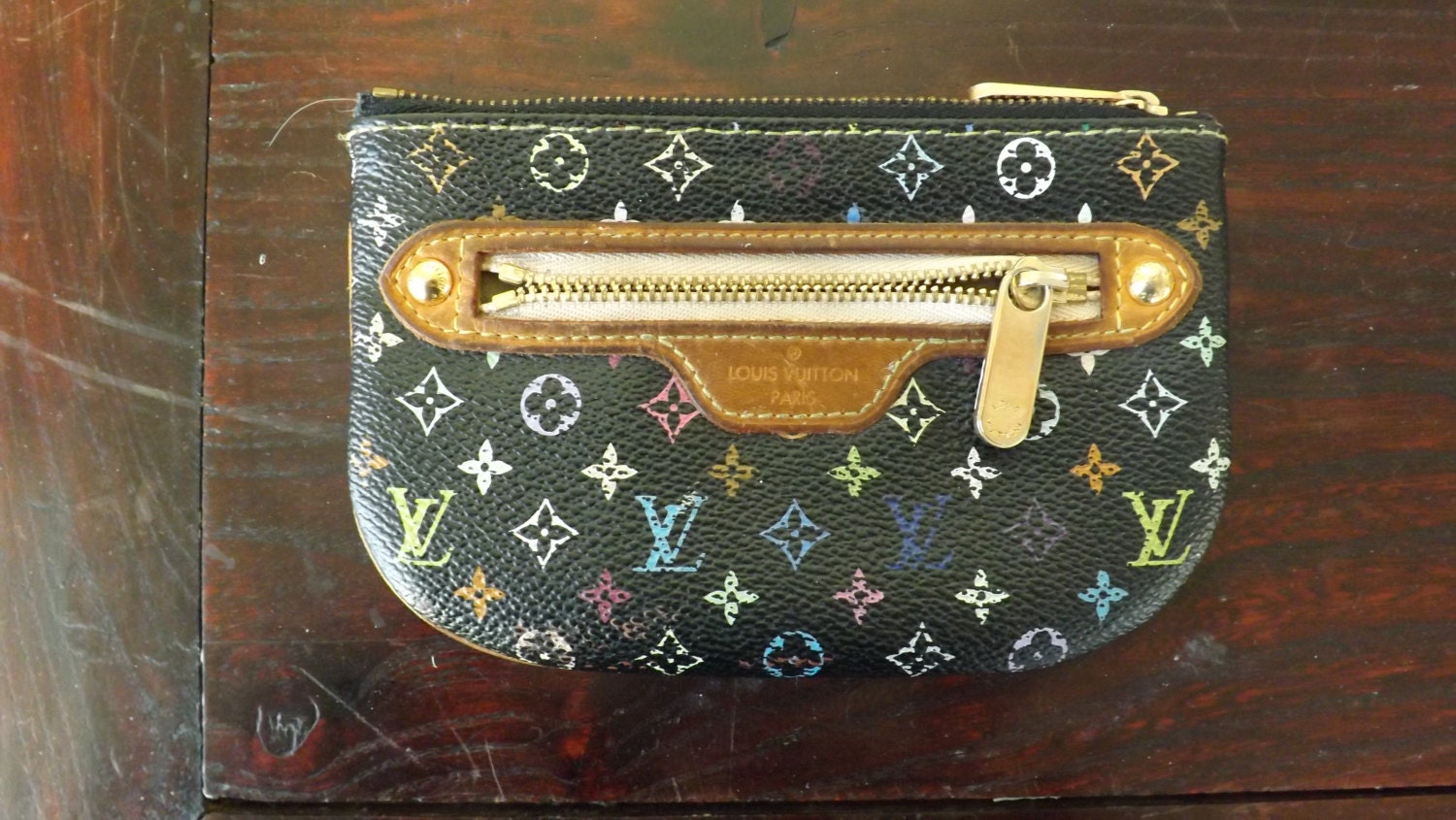 Vintage Louis Vuitton Black Multicolor Monogram Zippered Pouch