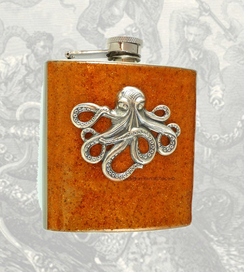 Steampunk Antique Silver Octopus Flask Inlaid in Hand Painted Copper Blast Neo Victorian Kraken Stainless Steel Metal Hip Flask