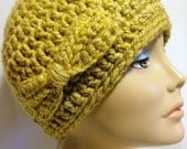 Crochet Chunky Beanie Hat  Topaz Yellow with Bow  Gift for Her