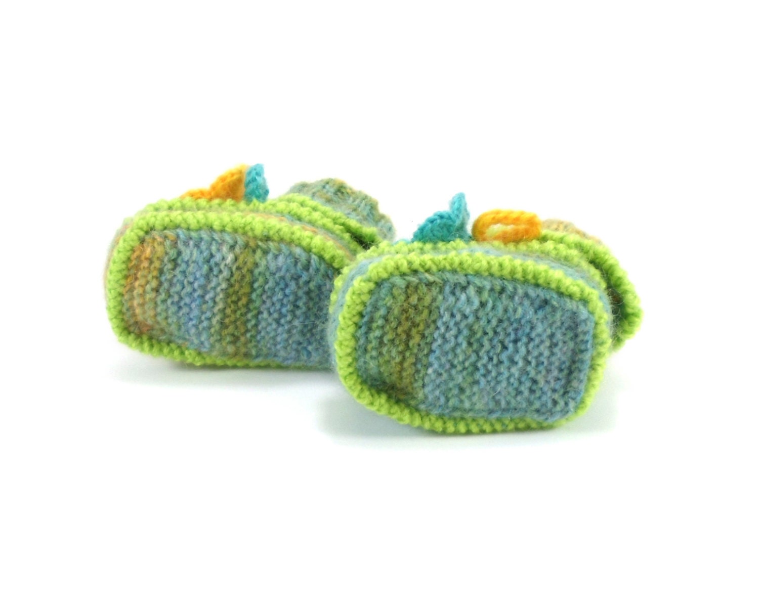 Knitted Baby Booties with Crochet Bell Flowers, Pastel Colors, 0 - 3 months