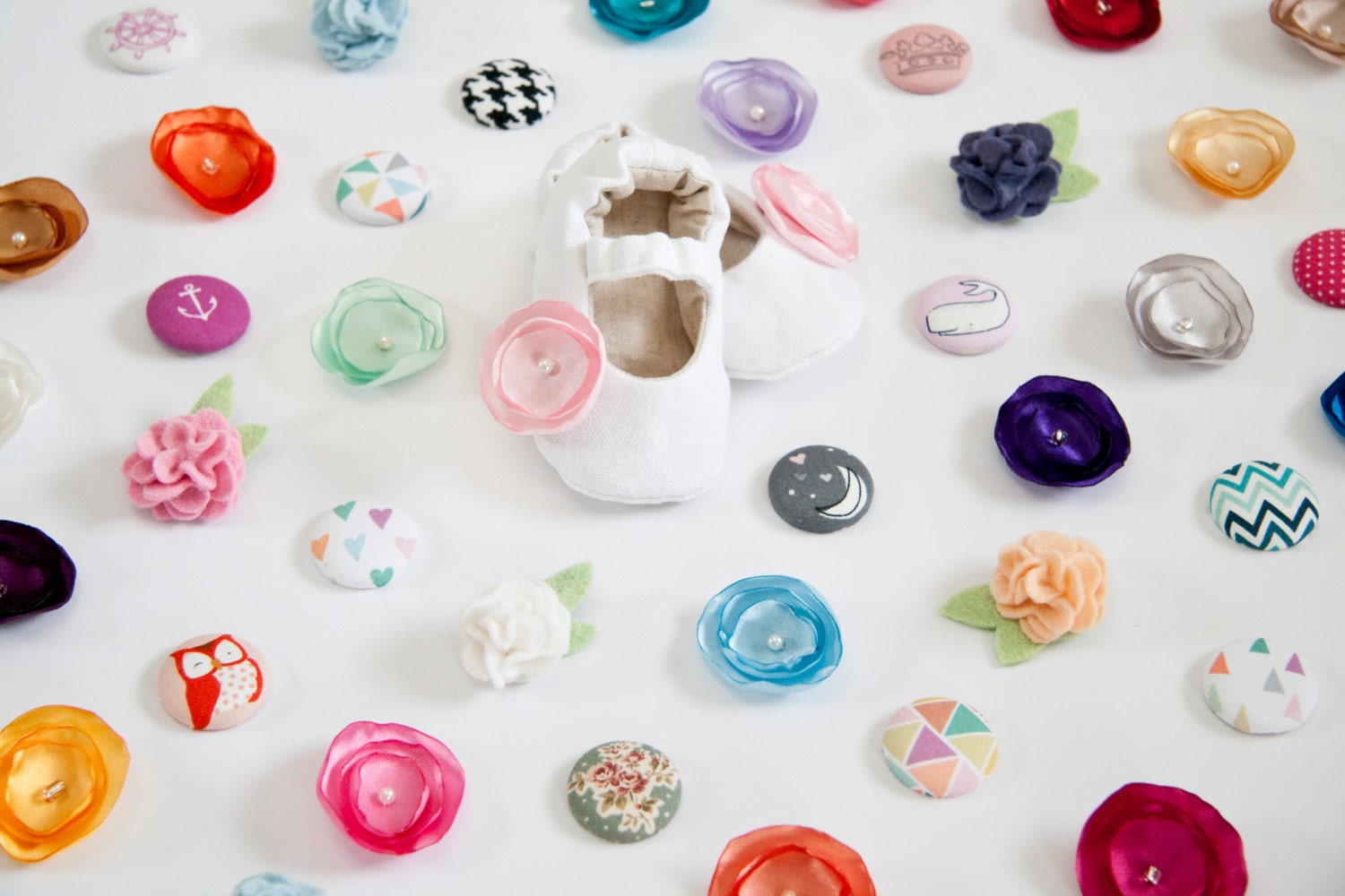3 More Pairs of Snap-Ons for Baby Shoes: satin flowers, felt flowers and fabric buttons