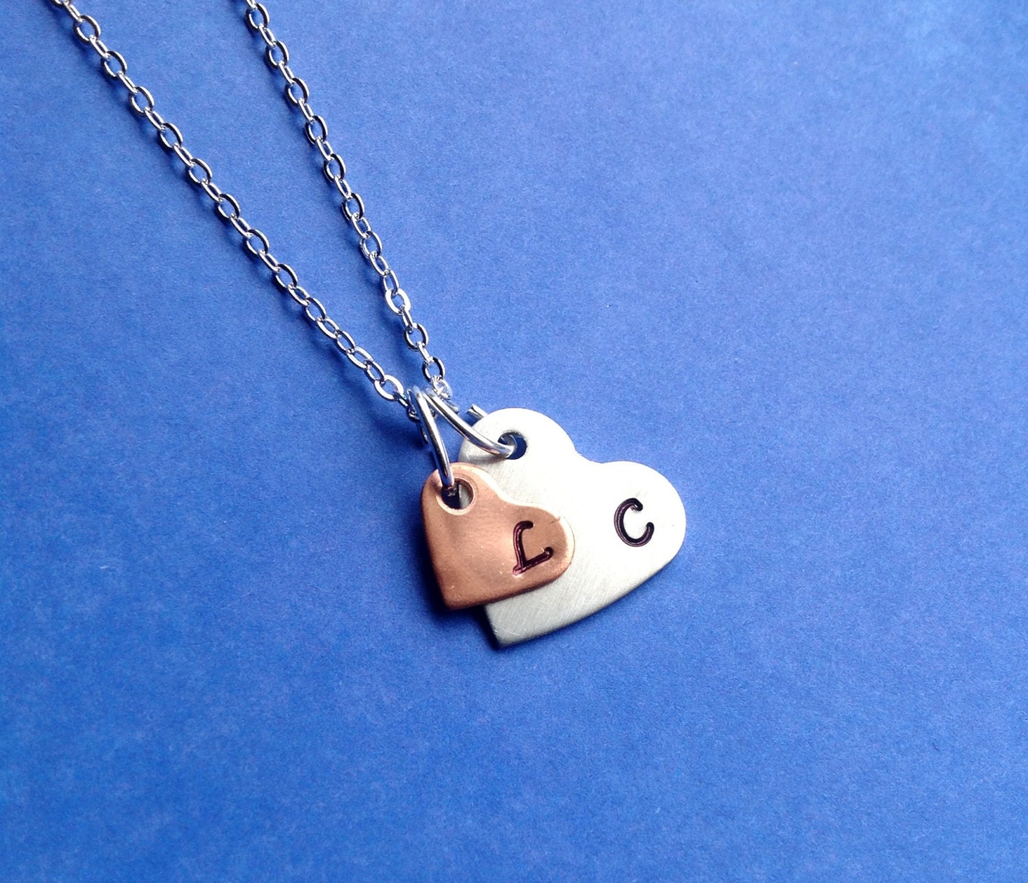 Double Heart Initial Necklace -Couples gift, Mother Daughter Gift- Copper and Aluminum Hearts