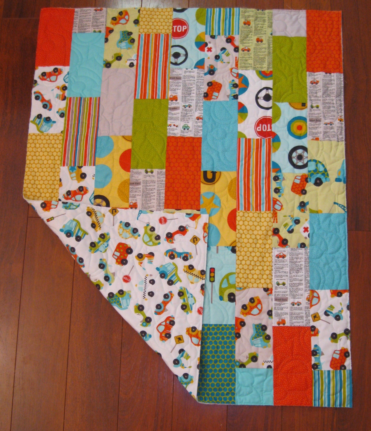 Sale Riley Blake Peak Hour Cars and Trucks Baby or Toddler Quilt 39" x 49"--You Pick the Binding