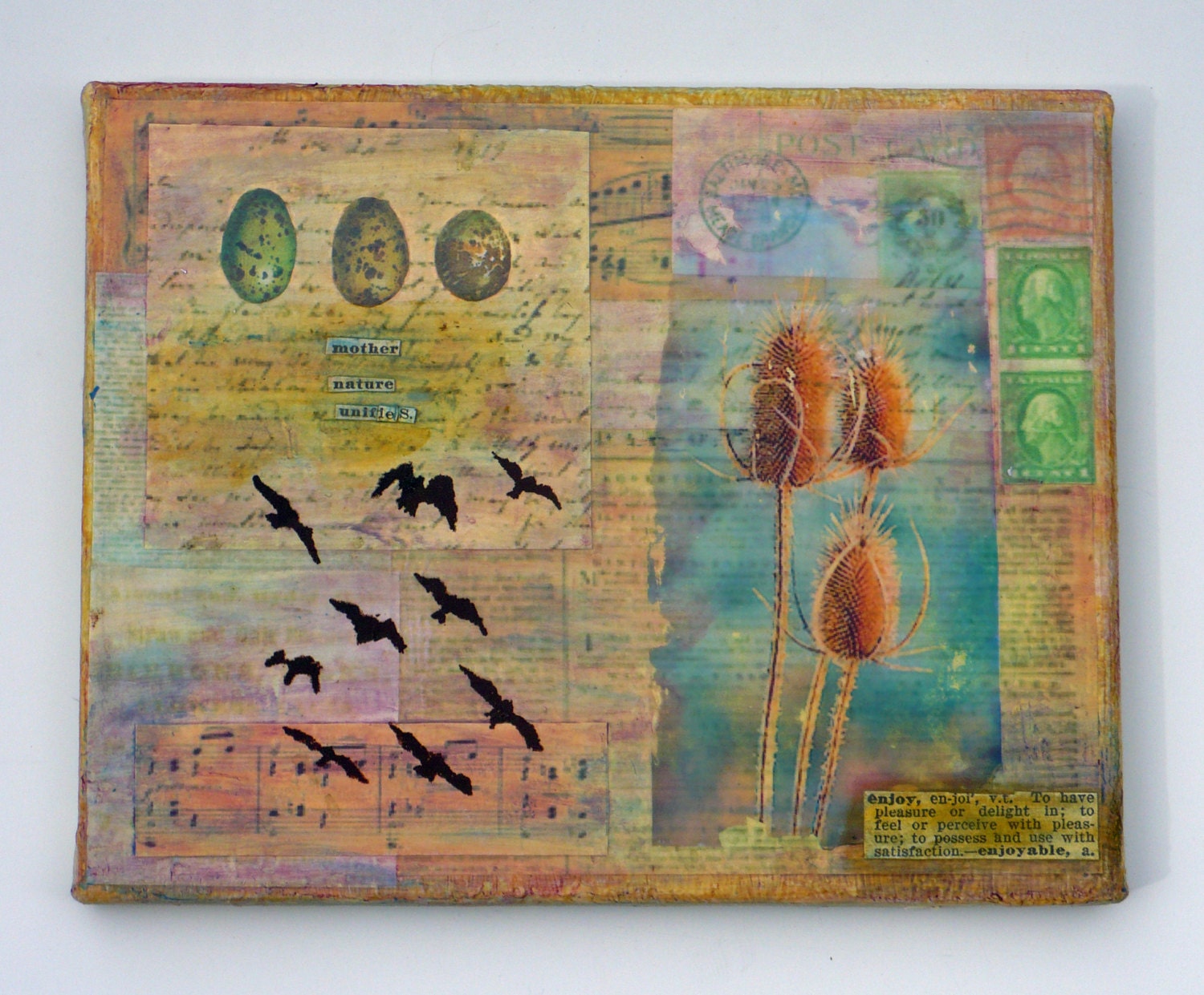 mixed media art collage, vintage papers, birds, eggs, nature