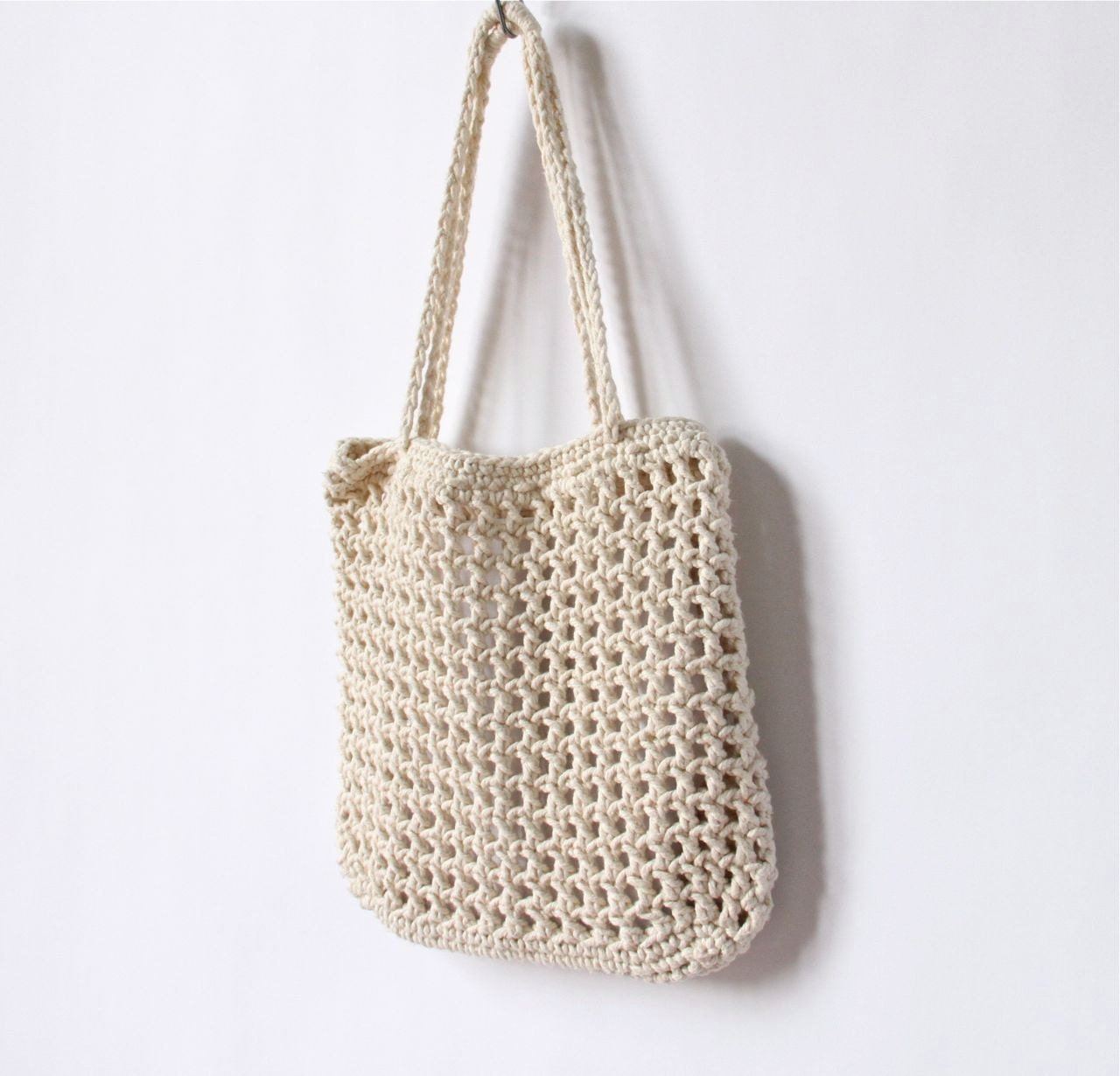 70s Cotton Mesh Tote Bag, Boho Hippie Knit Rope Purse, natural ivory cotton open weave large soft shoulder bag, hipster summer office beach