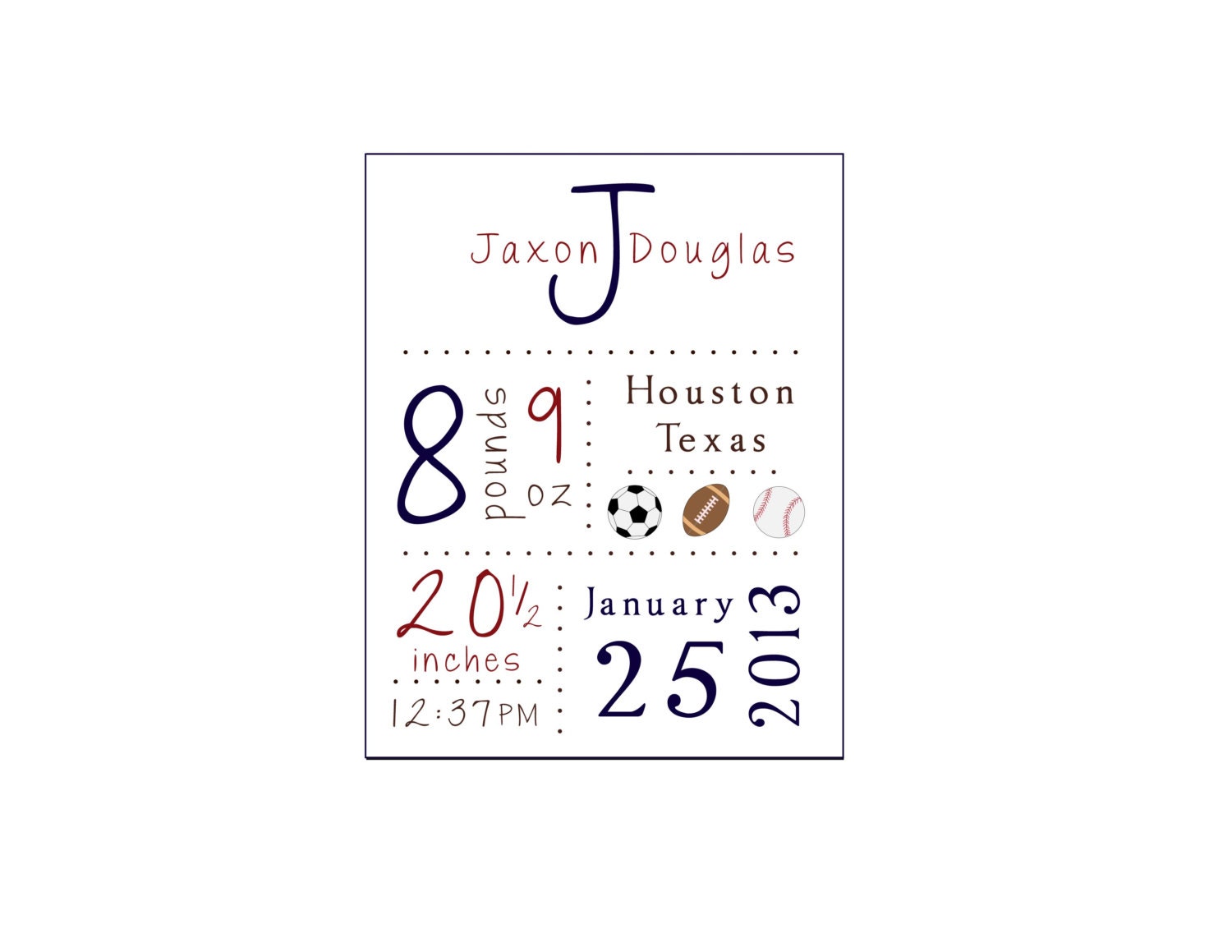 Boys' Sports Nursery Wall Art Print - Custom Birth Stats- Made to Match Your Nursery