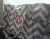 Carry All Diaper Bag with Zip Top and Embroidery- Grey Chevron and Tea Garden  Interior (limited stock)