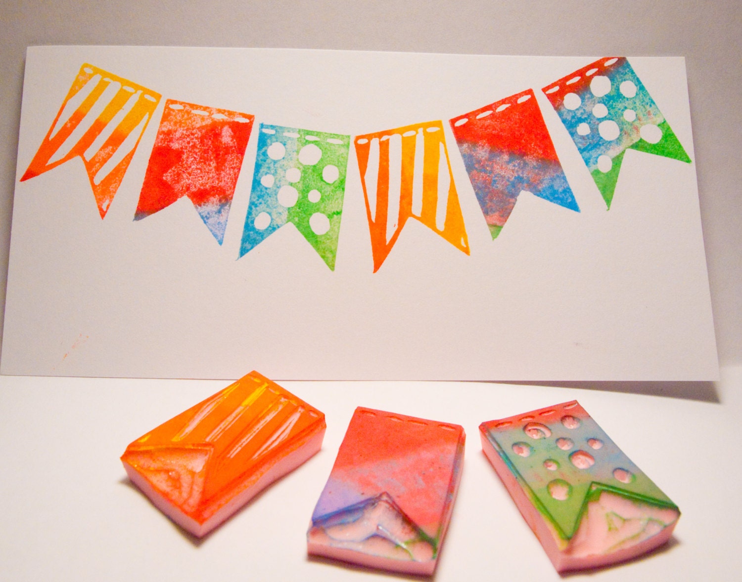 Bunting Flags Rubber Stamp Set - Three Hand Carved Stamps
